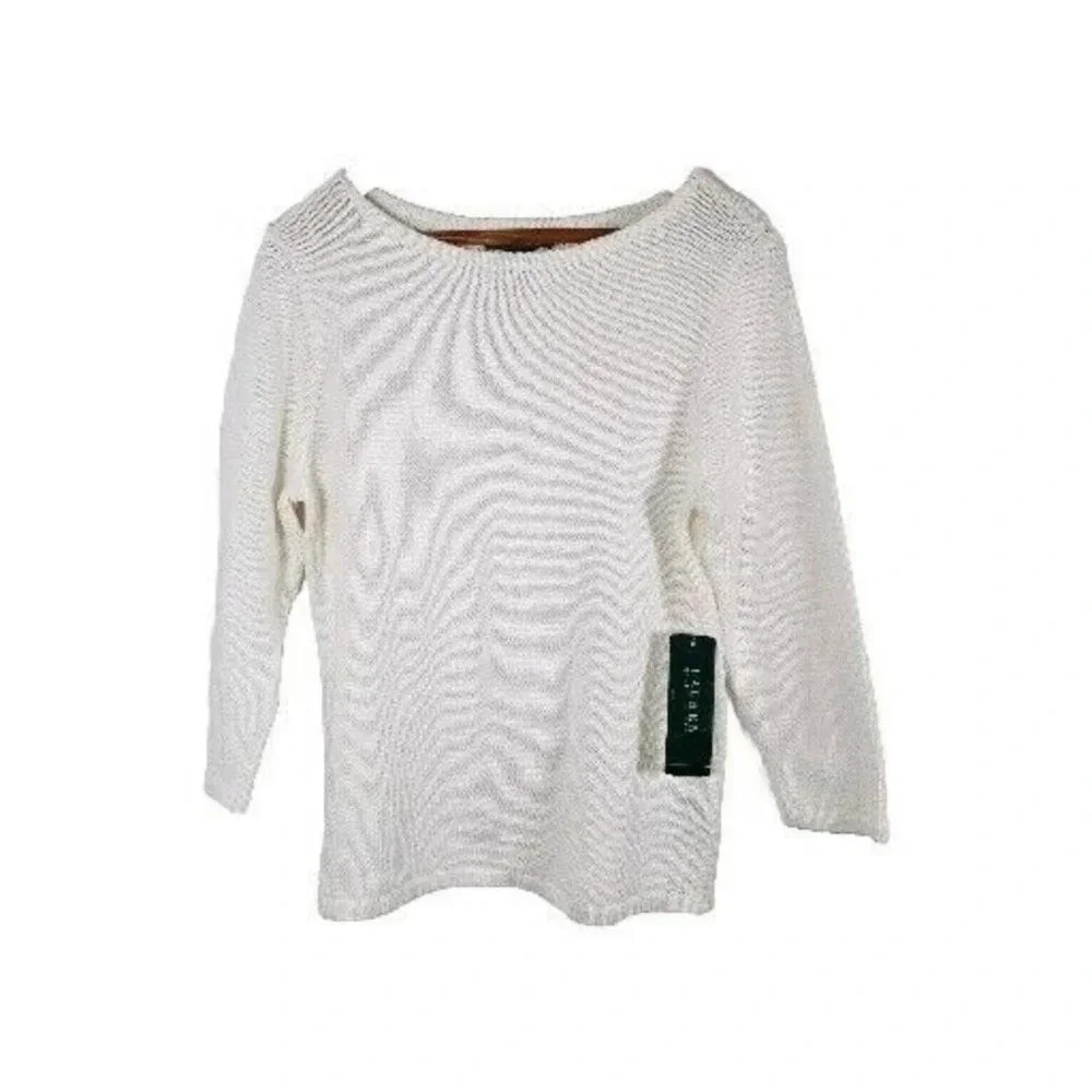 Lauren Ralph Lauren Sweater Women's L White Boat Neck Longsleeve Knit Pull Over